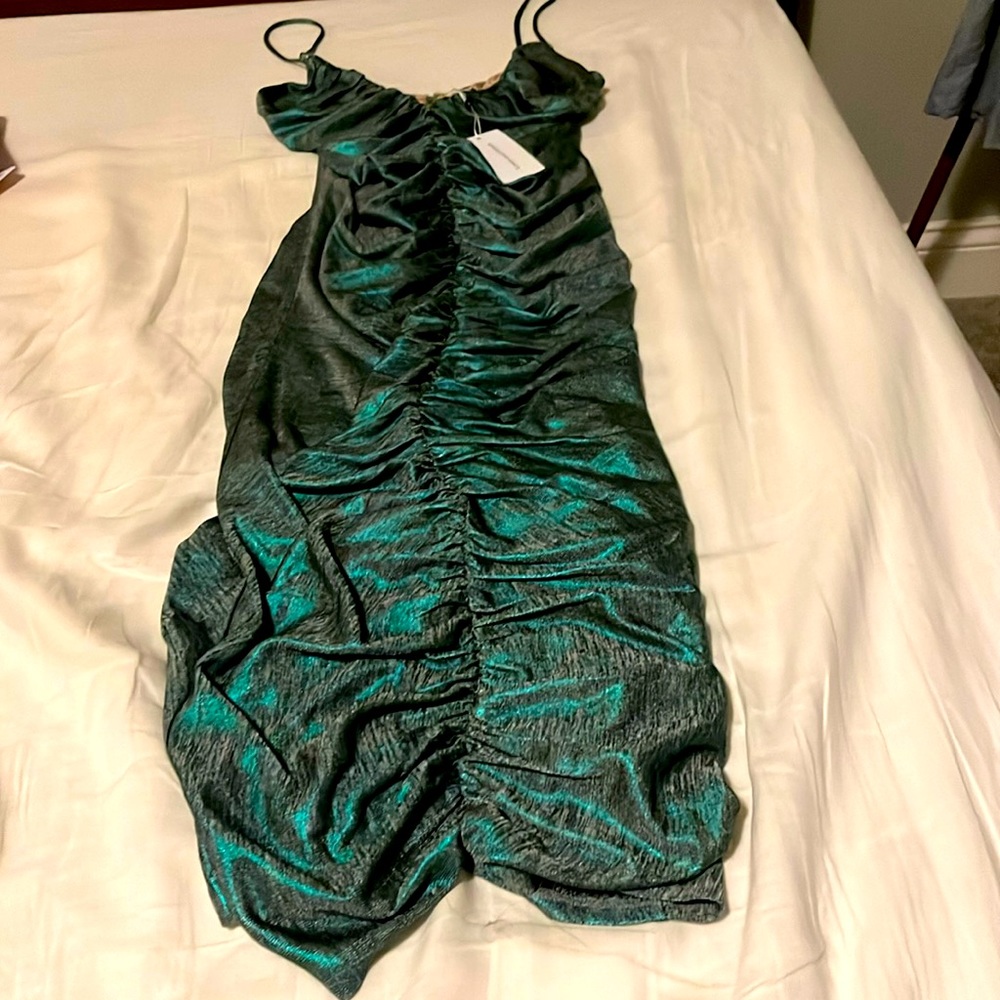Ruched back and front dress. Beautiful chrome/metallic green color